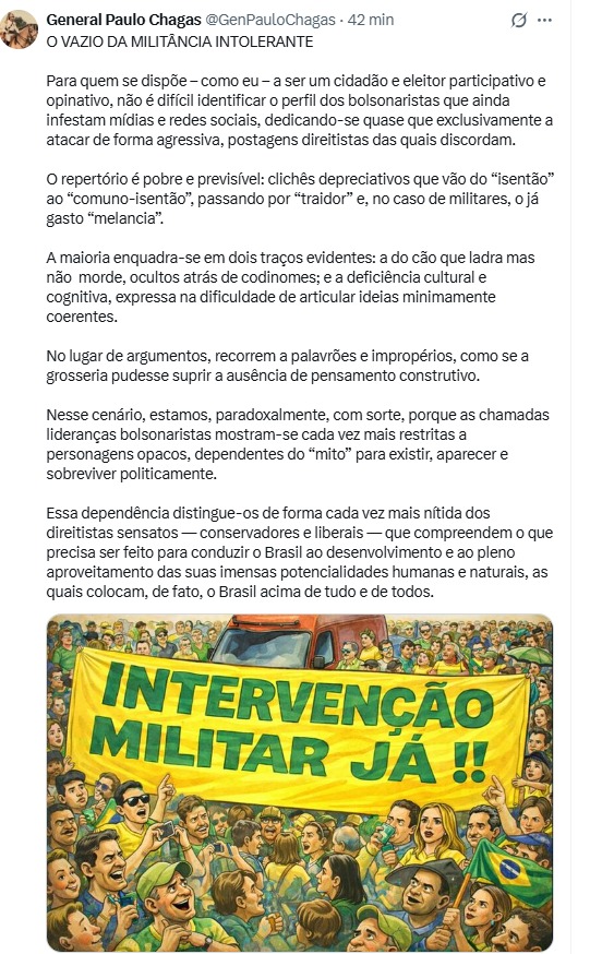 General faz post dizendo que bolsonaristas têm “deficiência cultural”