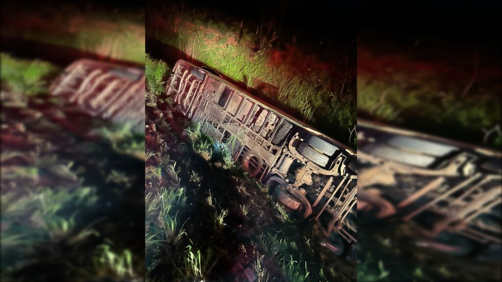 Ônibus com 22 passageiros capota na BR-060 e deixa ao menos 10 feridos